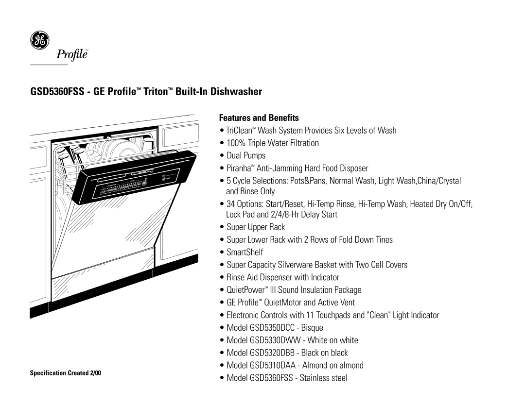 GE GSD5350DCC, GSD5360FSS, GSD5330DWW, GSD5320DBB, GSD5310DAA, GPF475 dimensions Features and Benefits 