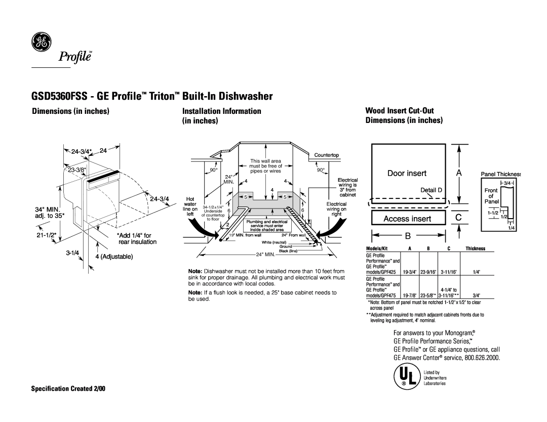 GE GSD5330DWW dimensions GSD5360FSS - GE Profile Triton Built-InDishwasher, Dimensions in inches, Installation Information 
