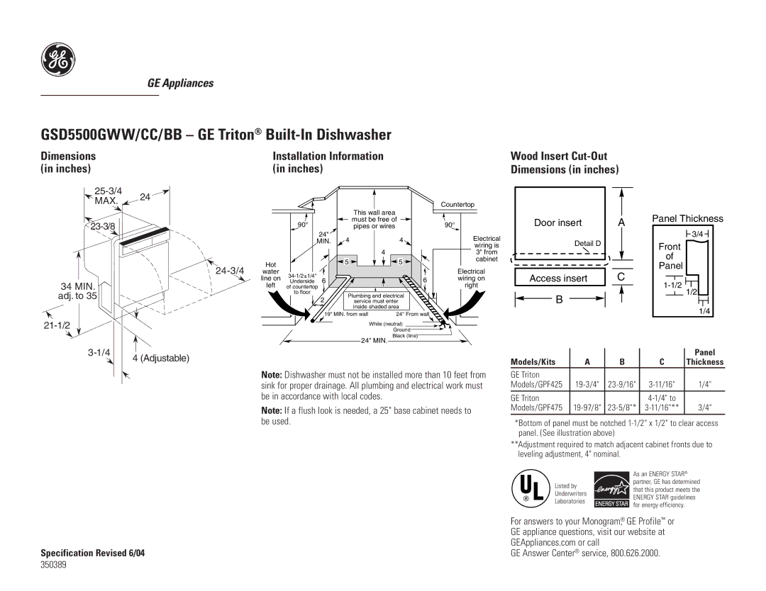 GE GSD5500GWW dimensions Installation Information, Wood Insert Cut-Out Dimensions in inches, Specification Revised 6/04 