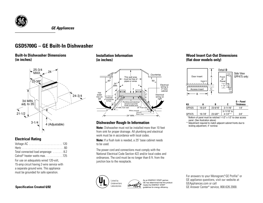 GE GSD5700GBB dimensions Built-In Dishwasher Dimensions in inches, Dishwasher Rough-In Information, Electrical Rating 