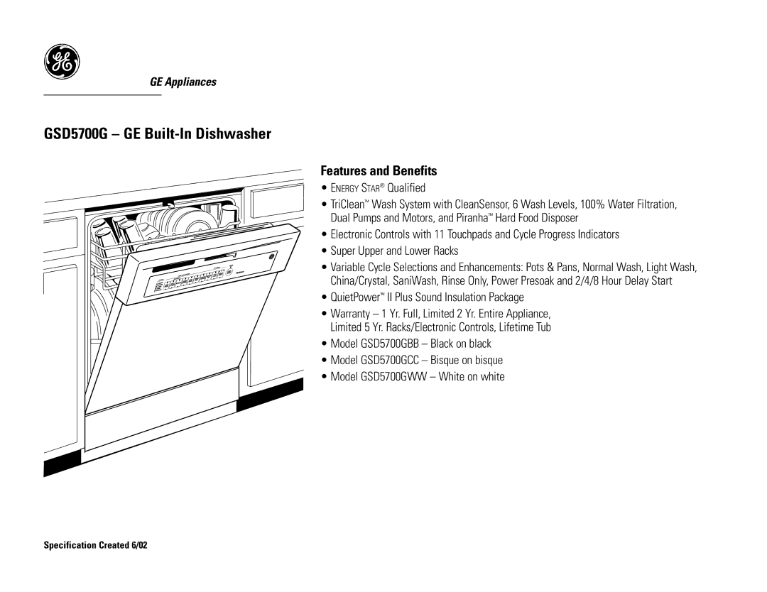 GE GSD5700GCC, GSD5700GWW, GSD5700GBB dimensions Energy Star Qualified, QuietPower II Plus Sound Insulation Package 