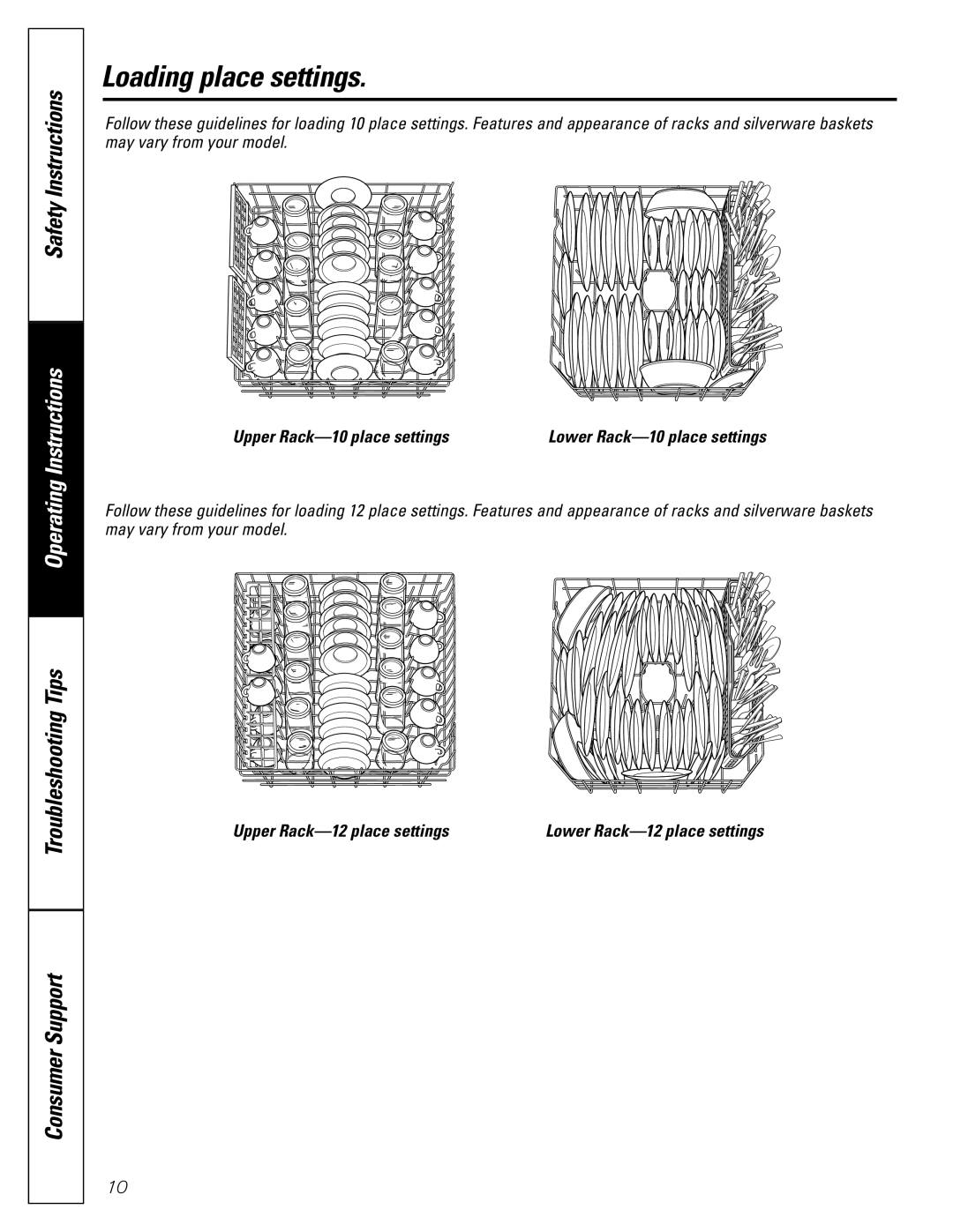 GE GSD5900G, GSD5800G, GSD5500G, GSD5400G Loading place settings, Upper Rack-10 place settings, Upper Rack-12 place settings 