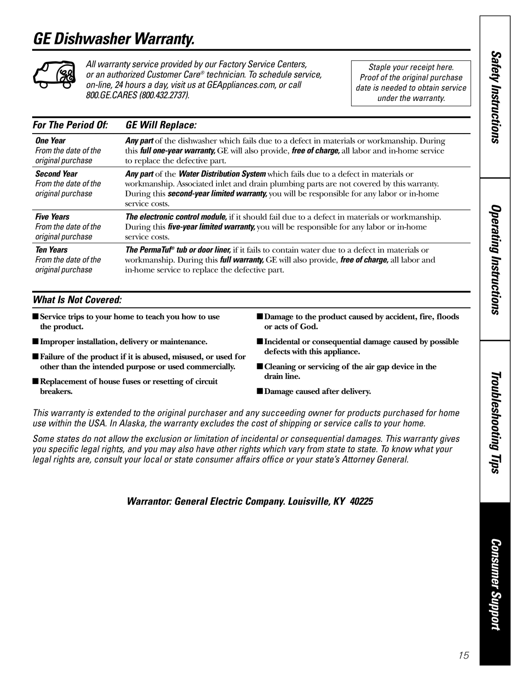 GE GSD5900G, GSD5800G, GSD5500G, GSD5400G GE Dishwasher Warranty, For The Period GE Will Replace, What Is Not Covered 