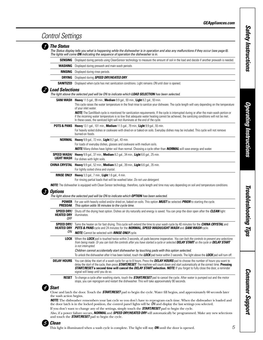 GE GSD5900G, GSD5800G, GSD5500G, GSD5400G, EDW3000G owner manual Control Settings 