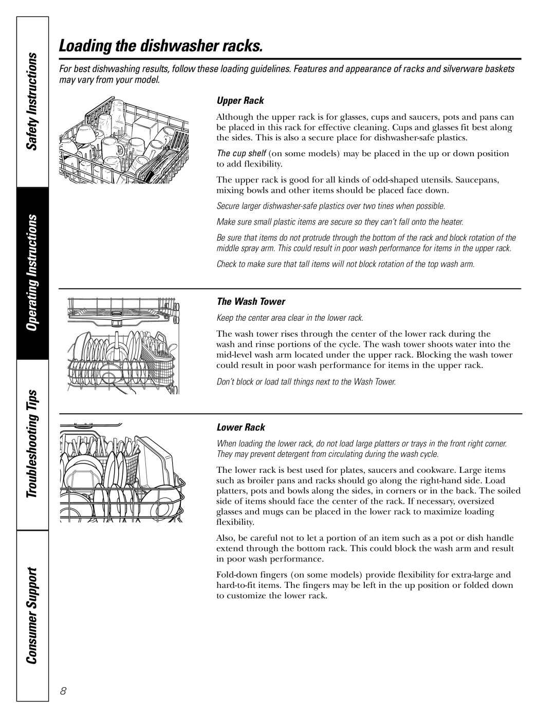 GE GSD5400G, GSD5900G, GSD5800G, GSD5500G, EDW3000G Loading the dishwasher racks, Upper Rack, Wash Tower, Lower Rack 