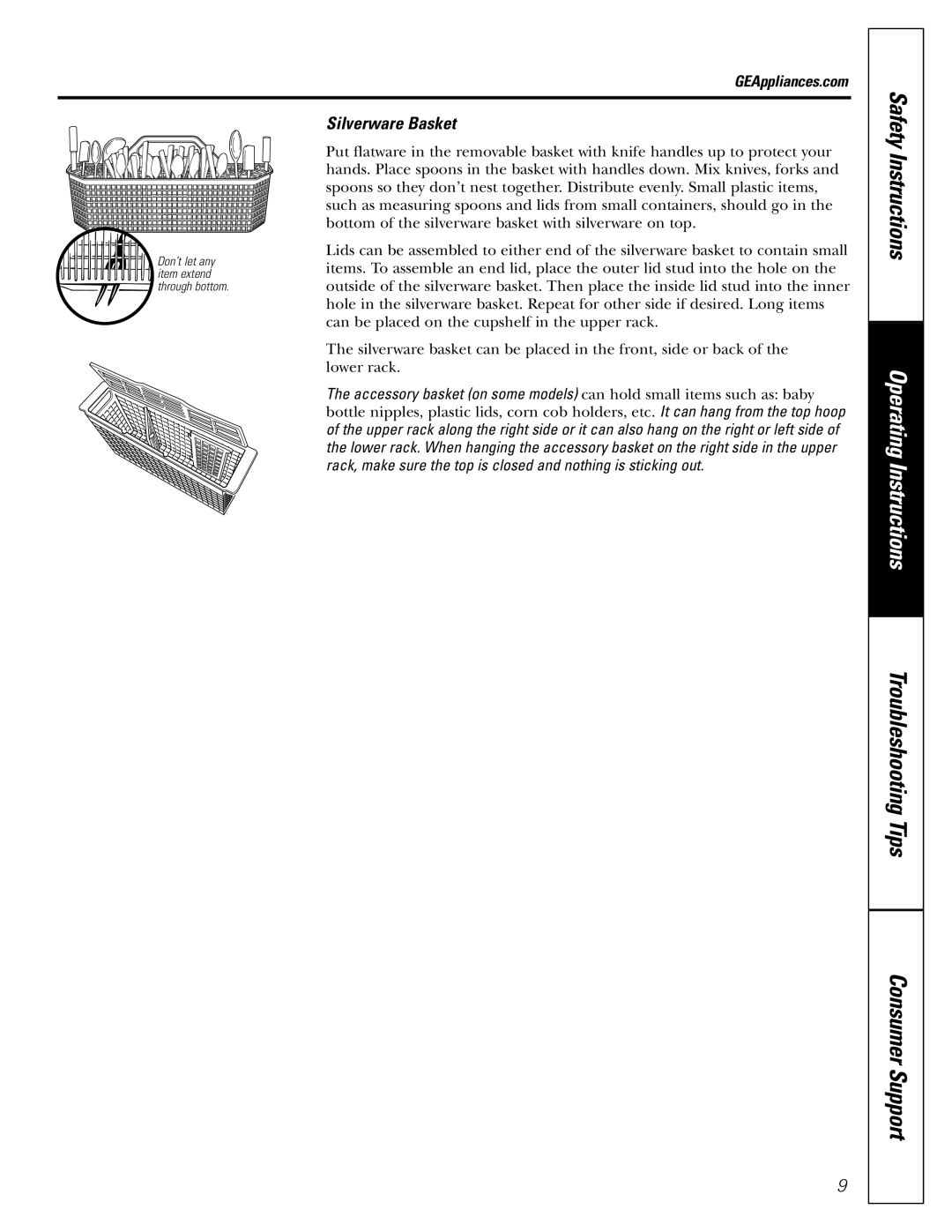 GE EDW3000G, GSD5900G, GSD5800G, GSD5500G, GSD5400G owner manual Silverware Basket Safety 