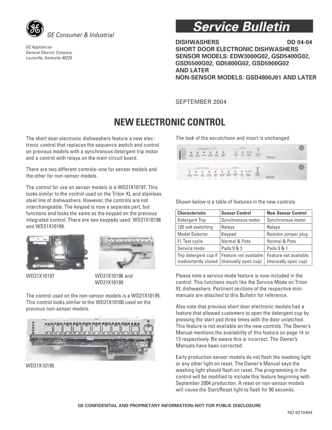 GE GSD5400G02, GSD5900G02, GSD5500G02, GSD4800J01, GD5800G02, EDW3000G02 owner manual Service Bulletin 