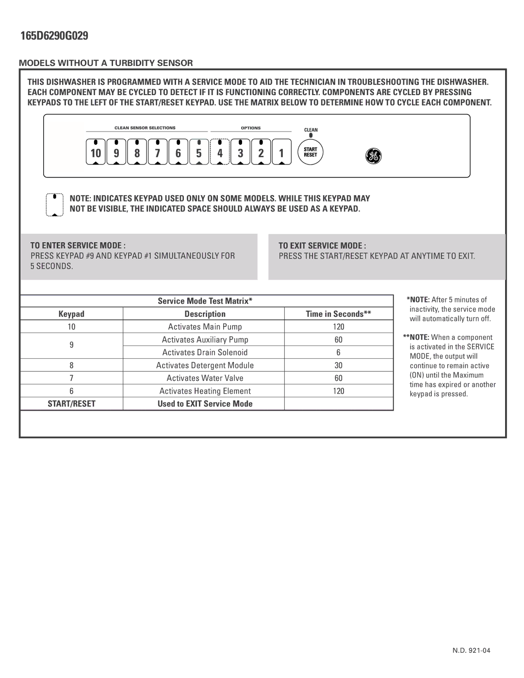 GE GD5800G02 165D6290G029, Models Without a Turbidity Sensor, Service Mode Test Matrix Keypad Description Time in Seconds 