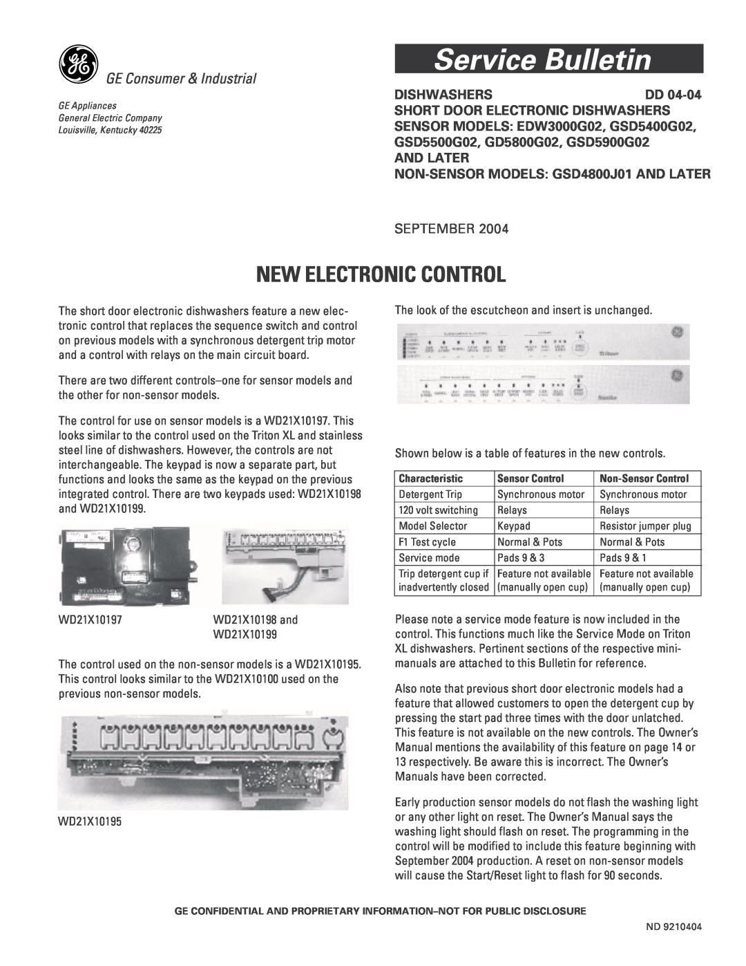 GE GSD5400G02 owner manual Dishwashers, AND LATER NON-SENSORMODELS GSD4800J01 AND LATER, Service Bulletin, September 