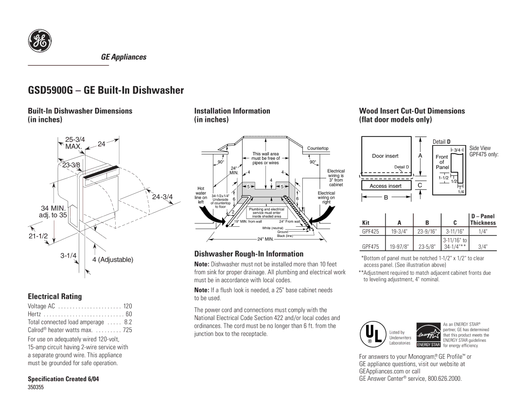 GE GSD5900GCC dimensions GSD5900G GE Built-In Dishwasher, Built-In Dishwasher Dimensions in inches, Electrical Rating 