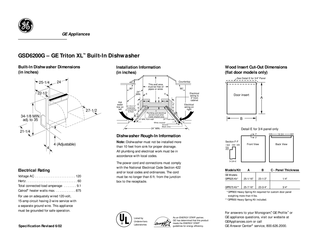 GE GSD6200GCC dimensions GSD6200G GE Triton XL Built-In Dishwasher, Built-In Dishwasher Dimensions in inches 