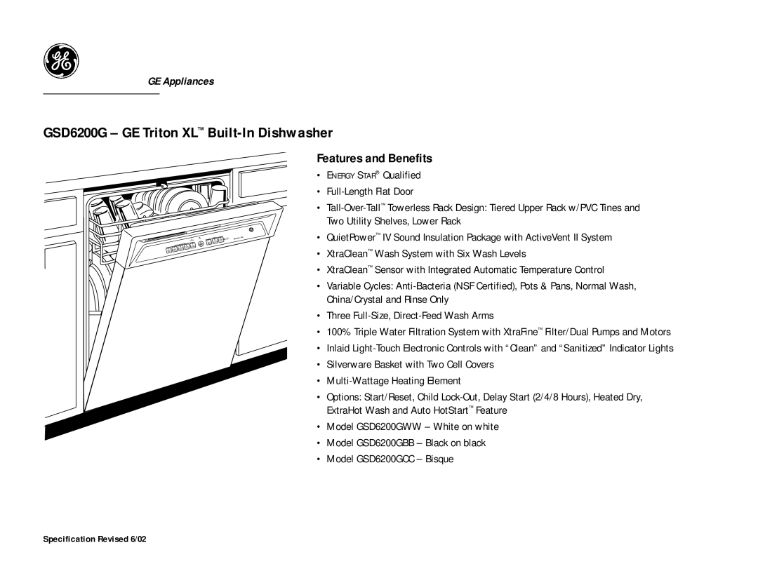 GE GSD6200GCC dimensions Features and Benefits 