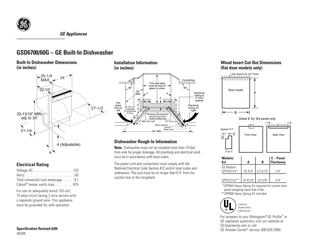 GE GSD6700GBB dimensions Built-In Dishwasher Dimensions, Inches, Dishwasher Rough-In Information, Electrical Rating 