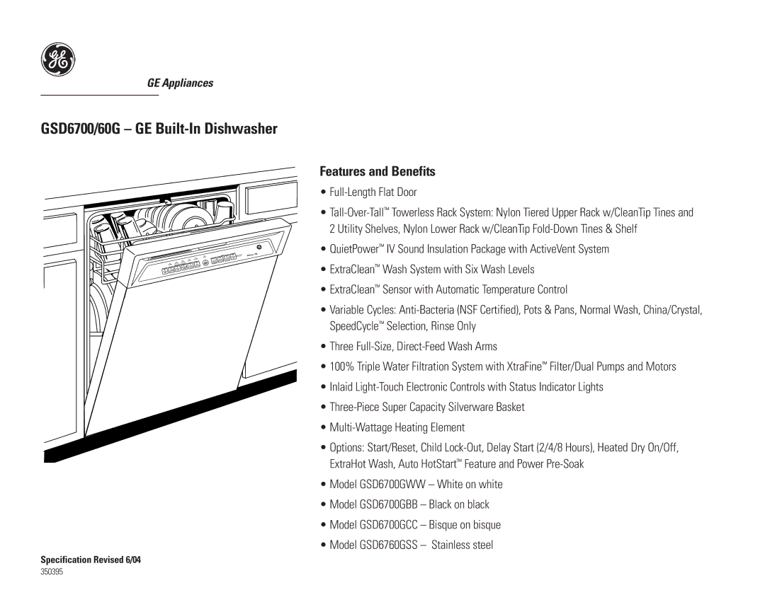 GE GSD6700GWW, GSD6760GSS, GSD6700GBB, GSD6700GCC, GSD660G dimensions GSD6700/60G GE Built-In Dishwasher 