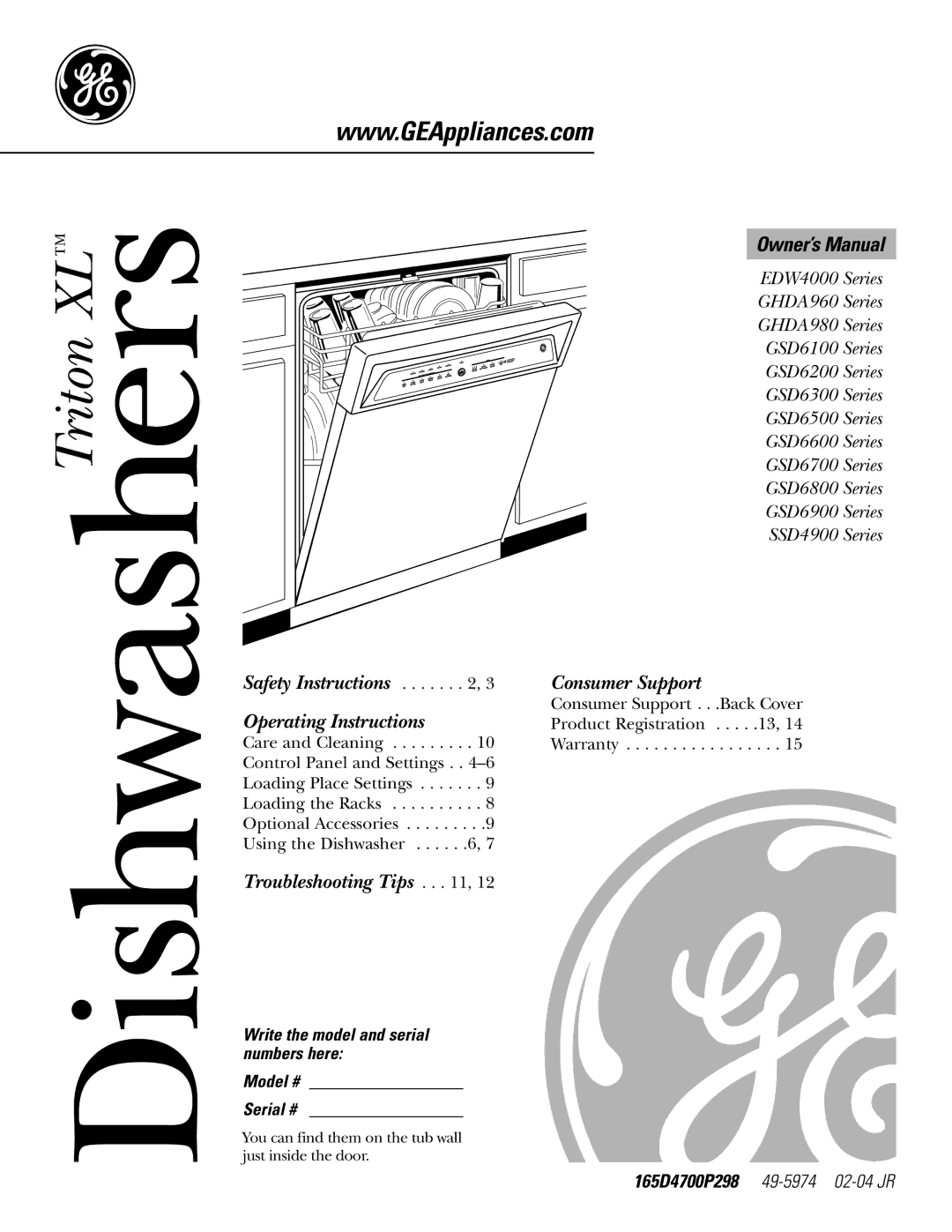 GE GSD6900, GSD6800, GSD6100, GSD6500, GHDA960, GHDA980 owner manual Safety Instructions Operating Instructions 