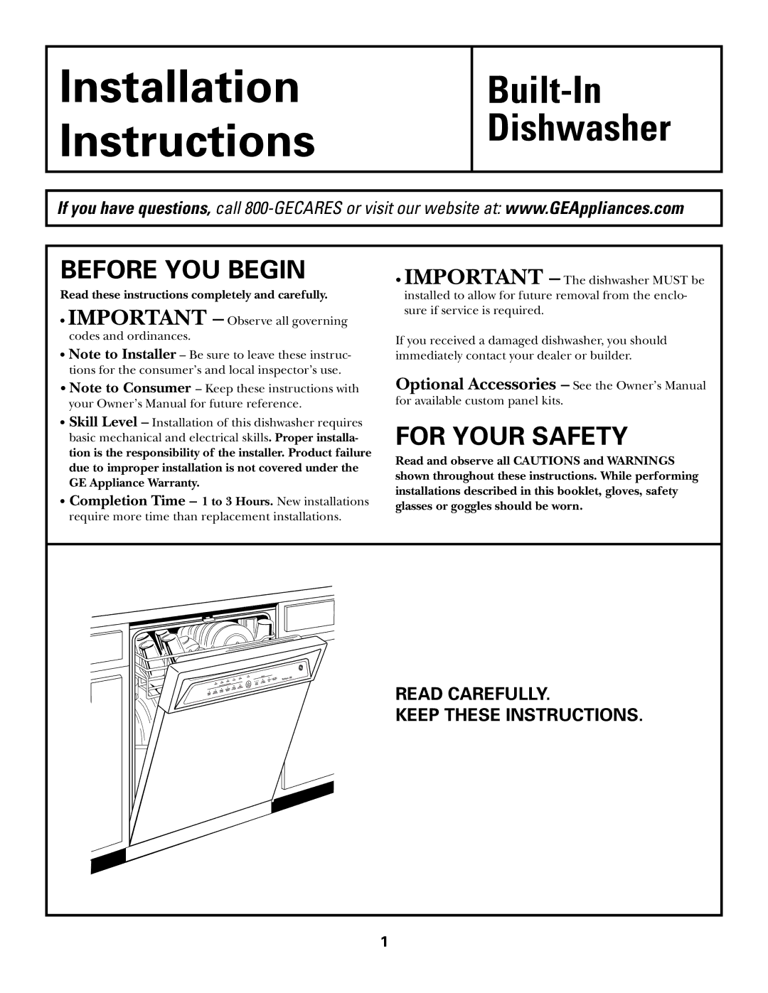 GE GSD6900, GSD6800, GSD6100, GSD6500, GHDA960, GHDA980 Installation Instructions, Read Carefully Keep These Instructions 