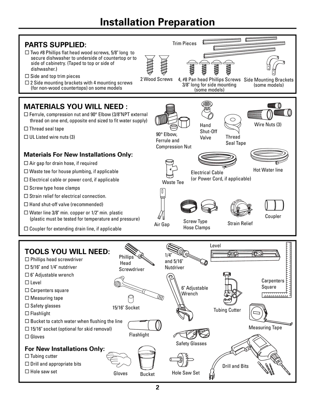 GE GSD6100, GSD6800, GSD6900, GSD6500, GHDA960, GHDA980 Parts Supplied, Materials YOU will Need, Tools YOU will Need 