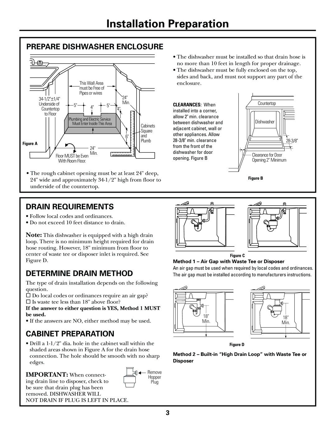 GE GSD6500, GSD6800, GSD6900 Prepare Dishwasher Enclosure, Drain Requirements, Determine Drain Method, Cabinet Preparation 