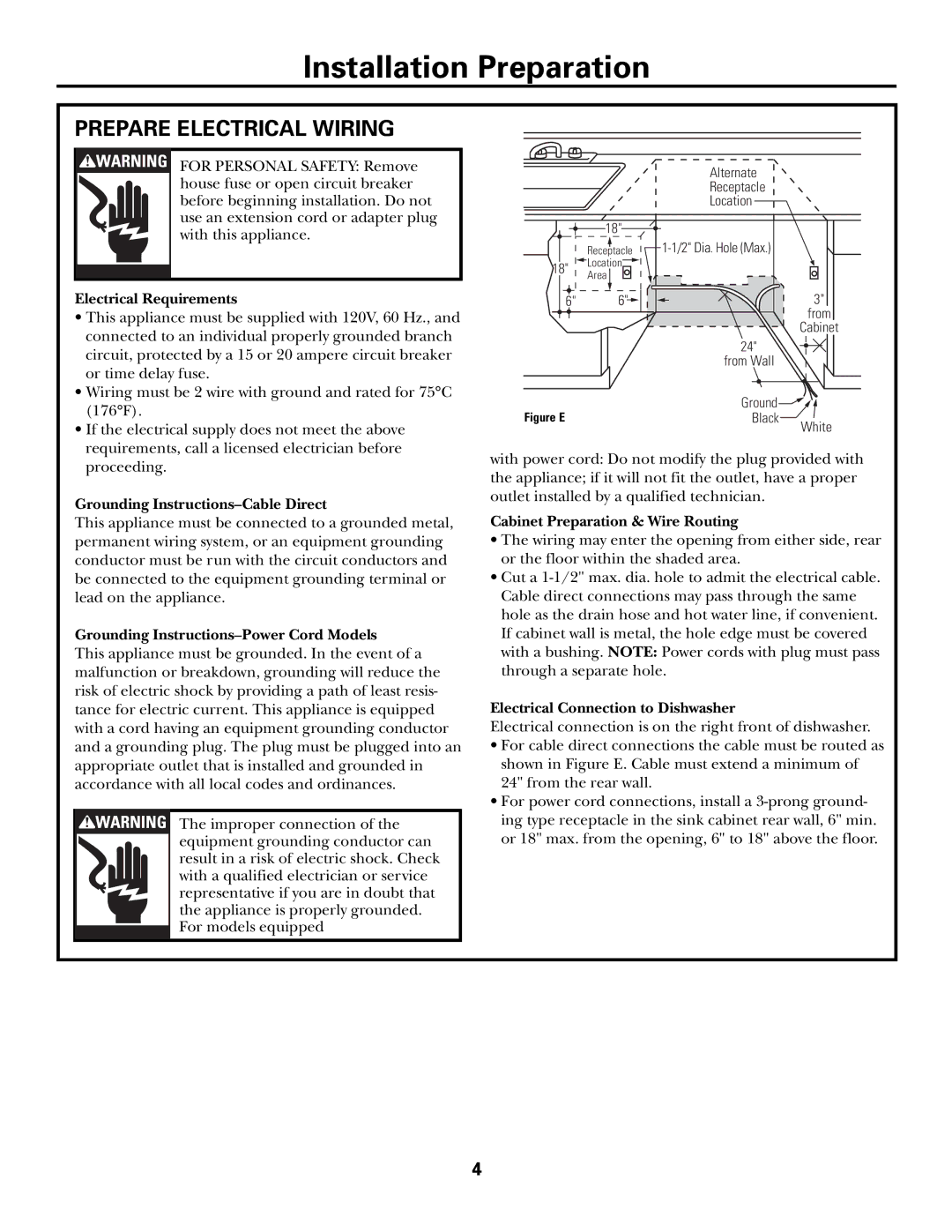 GE GHDA960, GSD6800, GSD6900, GSD6100, GSD6500, GHDA980 owner manual Prepare Electrical Wiring, Electrical Requirements 