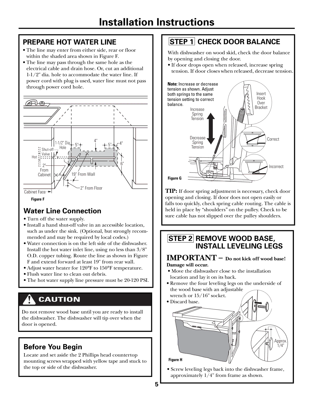 GE GHDA980, GSD6800, GSD6900, GSD6100, GSD6500, GHDA960 owner manual Prepare HOT Water Line, Check Door Balance 