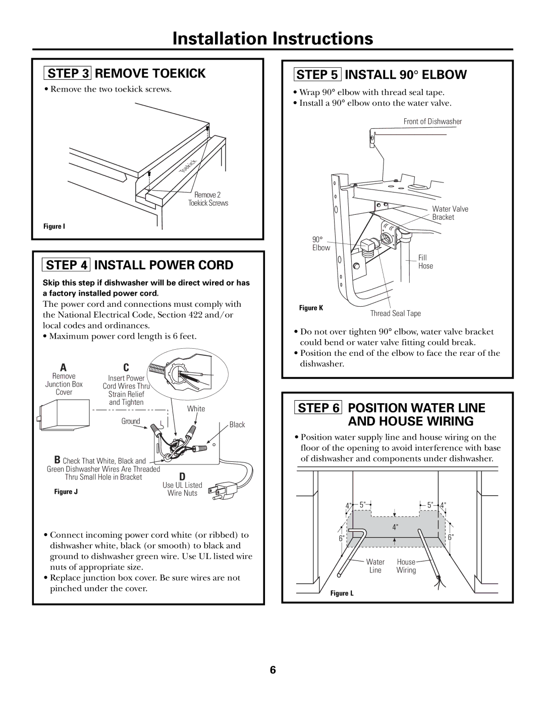 GE GSD6800, GSD6900, GSD6100, GSD6500, GHDA960, GHDA980 owner manual Remove Toekick, Install Power Cord, Install 90 Elbow 