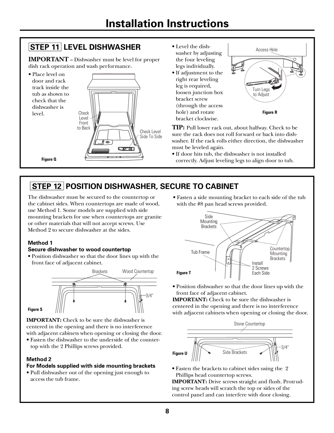 GE GSD6100, GSD6800, GSD6900, GSD6500, GHDA960, GHDA980 owner manual Level Dishwasher, Position DISHWASHER, Secure to Cabinet 