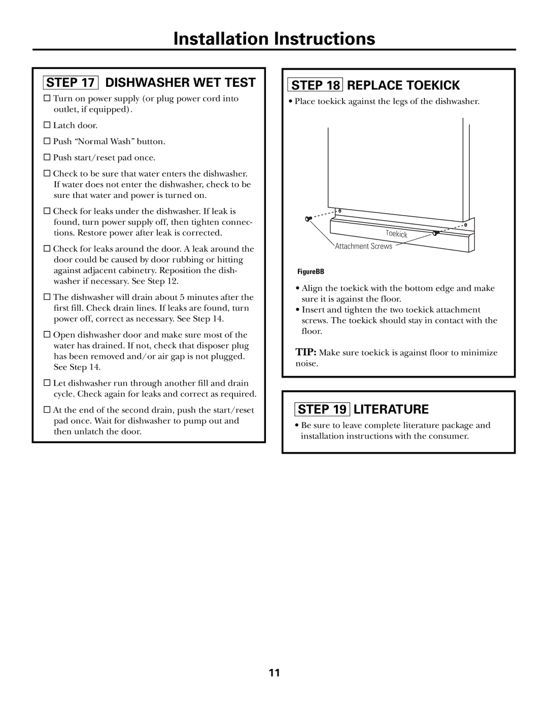 GE GHDA980, GSD6800, GSD6900, GSD6100, GSD6500, GHDA960 owner manual Dishwasher WET Test, Replace Toekick, Literature 