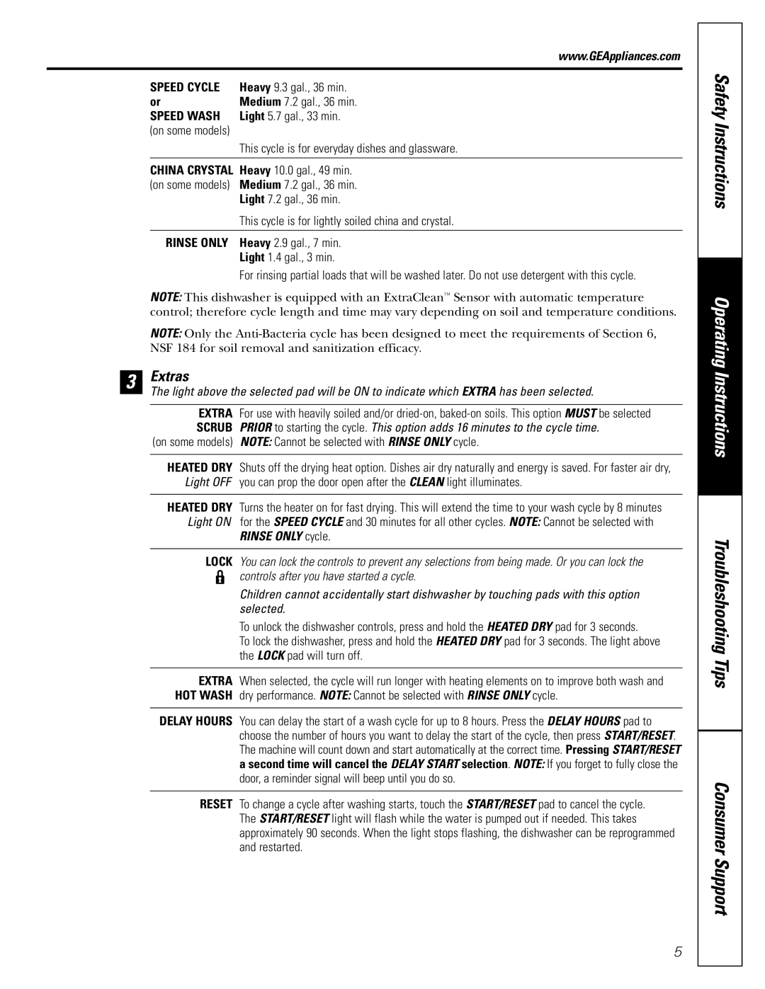 GE GHDA980, GSD6800, GSD6900, GSD6100, GSD6500, GHDA960 owner manual Extras, Rinse only cycle 