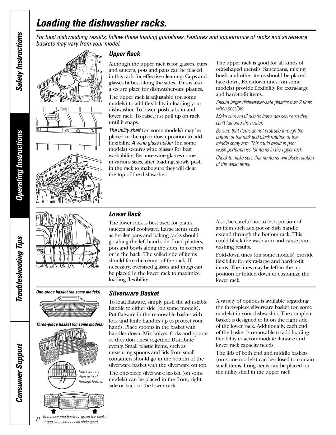 GE GSD6100, GSD6800, GSD6900, GSD6500, GHDA960, GHDA980 owner manual Upper Rack, Lower Rack, Silverware Basket 