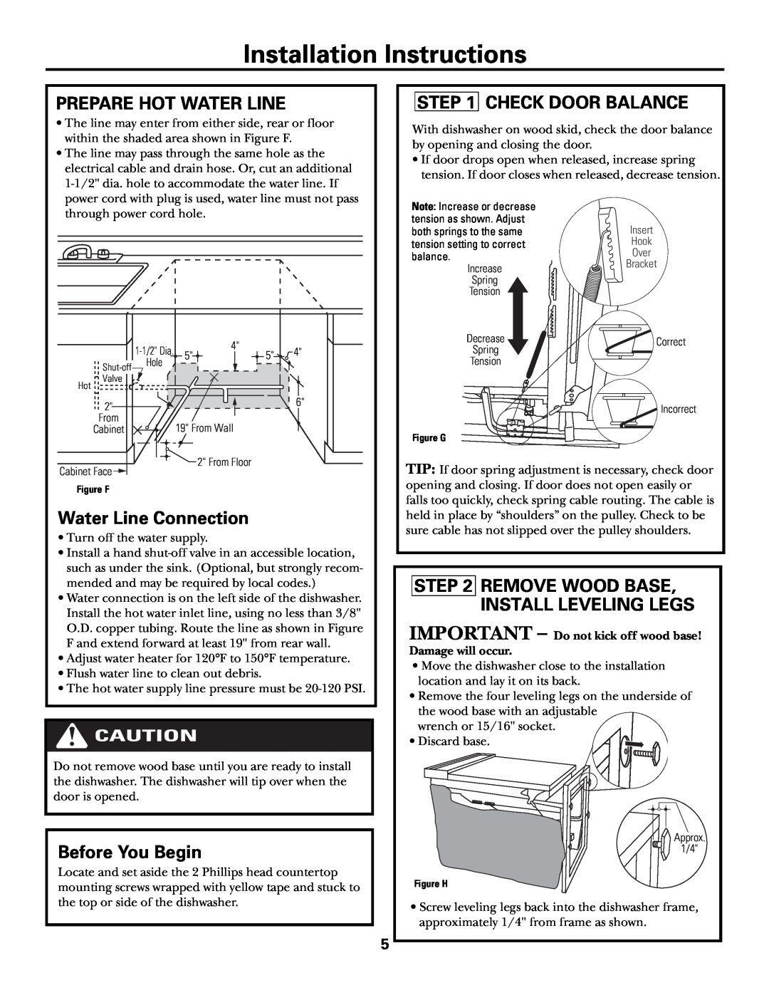 GE GHDA980 Installation Instructions, Prepare Hot Water Line, Check Door Balance, Water Line Connection, Before You Begin 