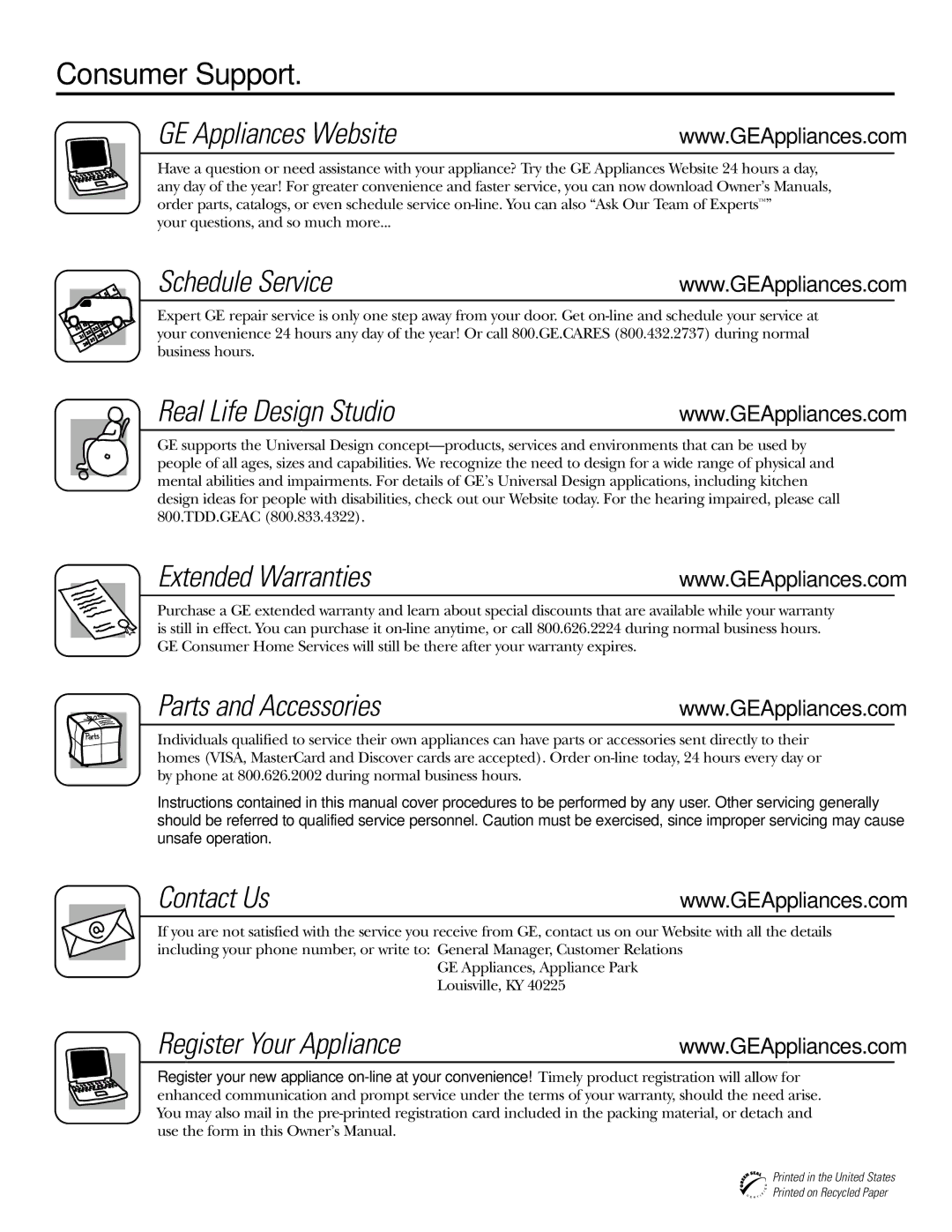 GE GSD6500 Series Consumer Support GE Appliances Website, Schedule Service, Real Life Design Studio, Extended Warranties 