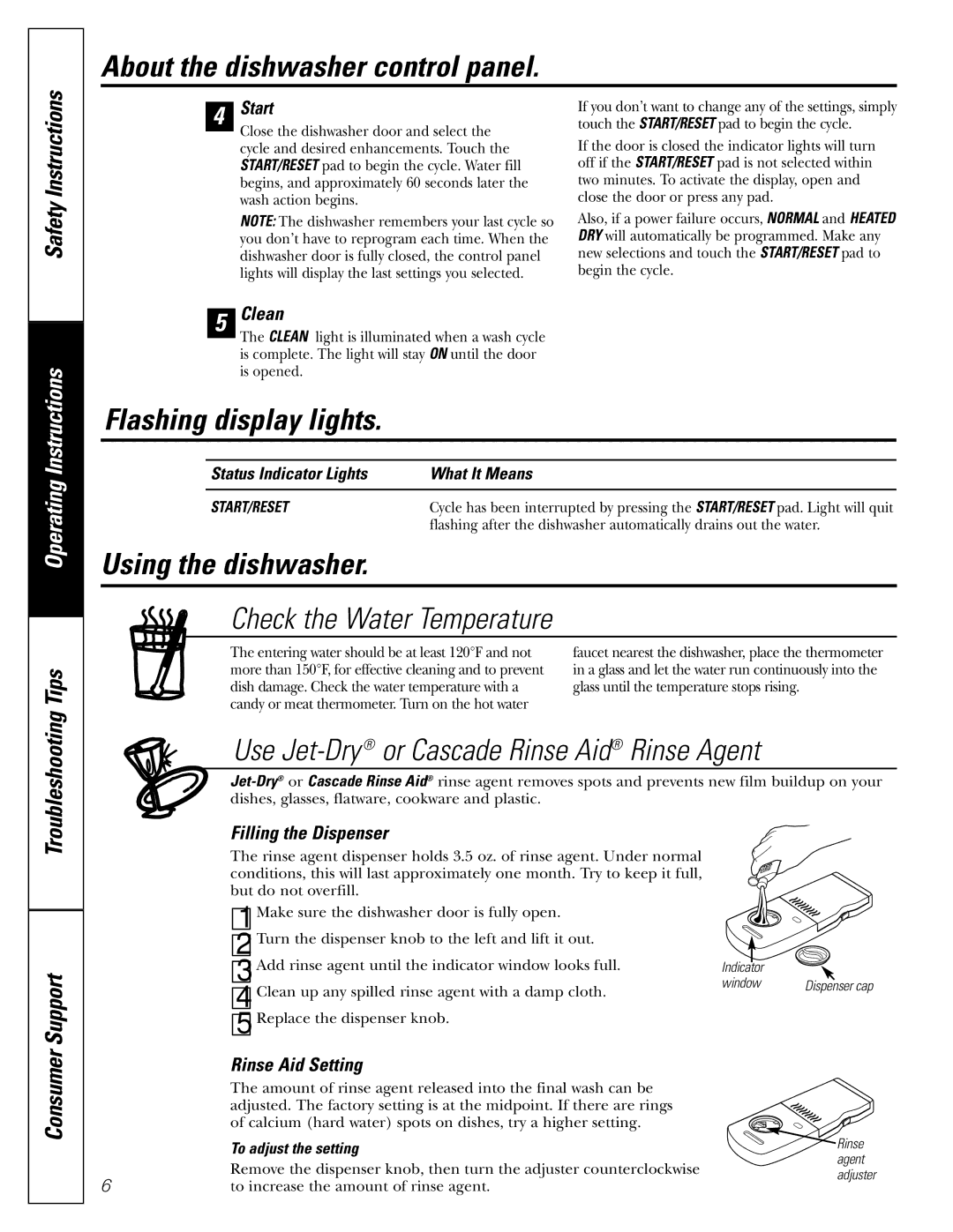 GE GSD6100 Series, GSD6800 Series, GSD6900 Series, GSD6700 Series owner manual Flashing display lights, Using the dishwasher 