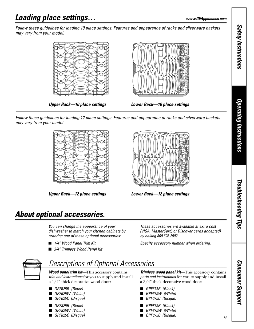 GE GHDA960 Series, GSD6800 Series Loading place settings…, About optional accessories, Upper Rack-10 place settings 