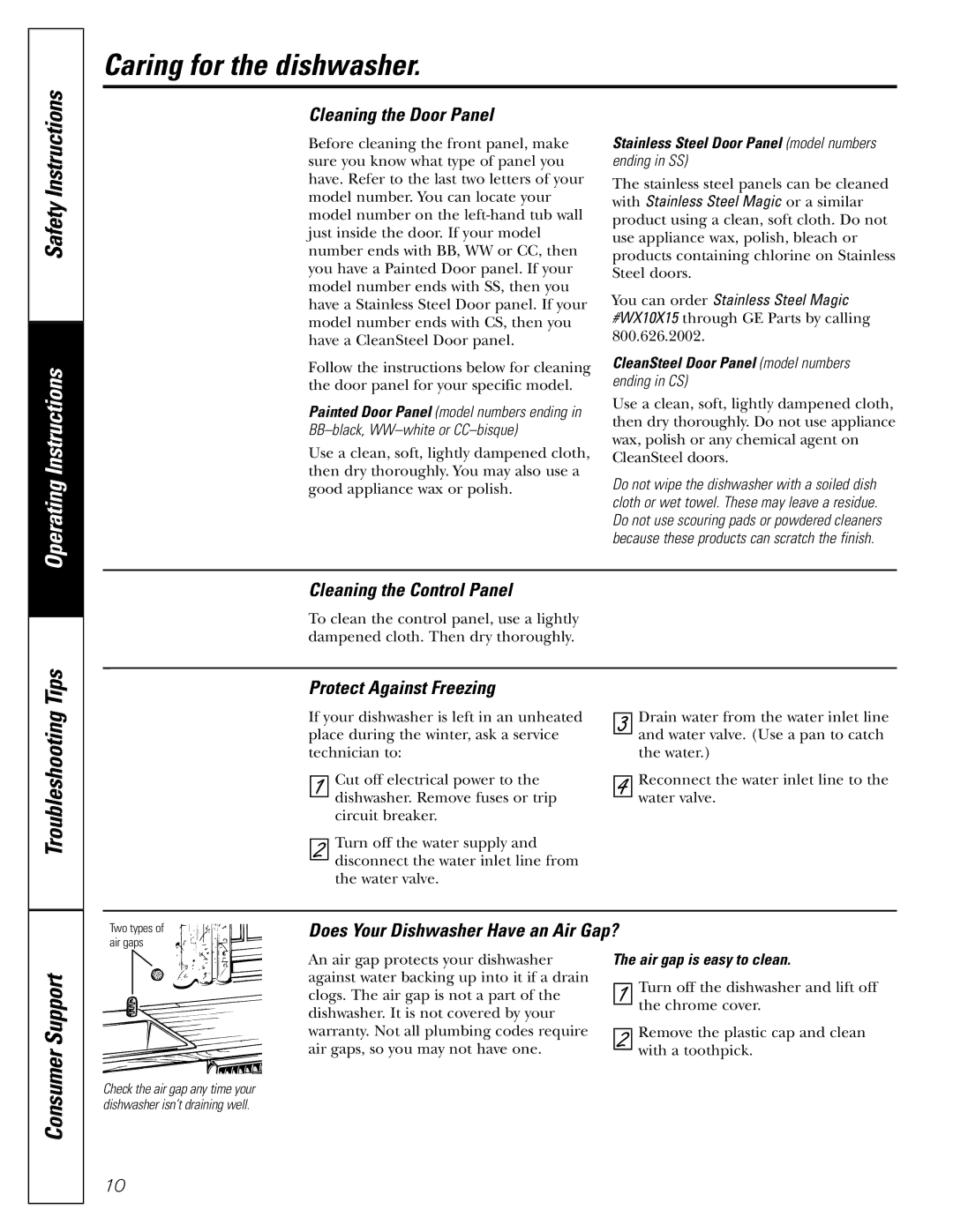 GE GSD6560 Caring for the dishwasher, Cleaning the Door Panel, Cleaning the Control Panel, Protect Against Freezing 