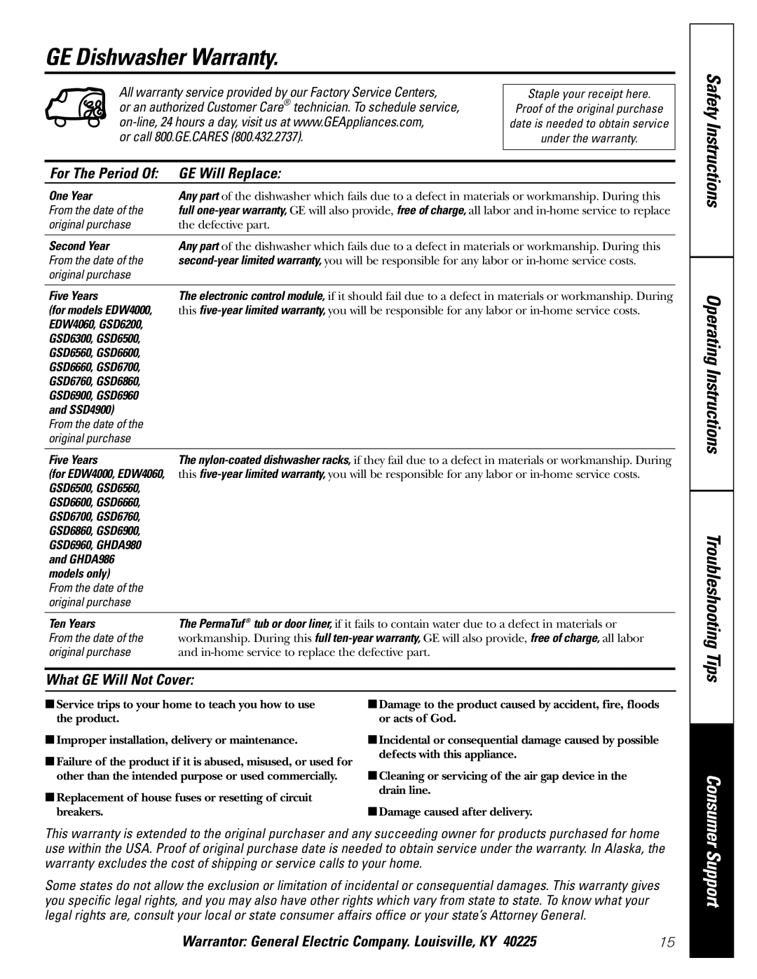 GE GSD6960, GSD6860 GE Dishwasher Warranty, For The Period GE Will Replace, What GE Will Not Cover, Or call 800.GE.CARES 