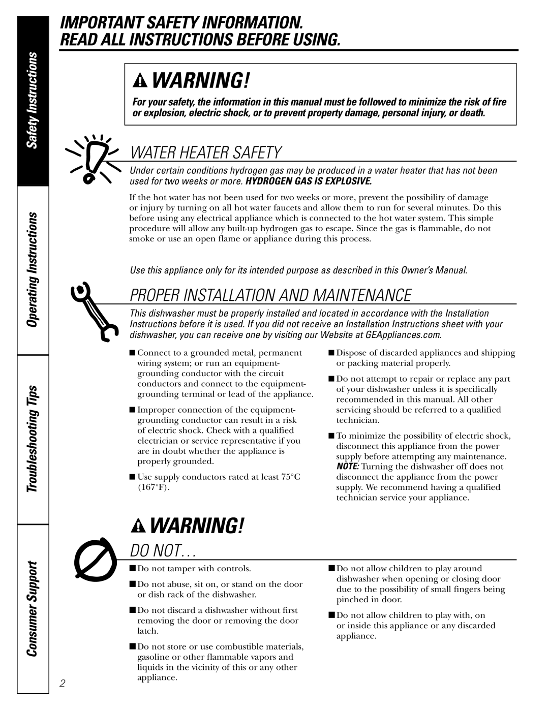 GE GSD6760, GSD6860, GSD6960, GSD6560, GSD6660, EDW4060, GHDA986 owner manual Water Heater Safety, Consumer Support 