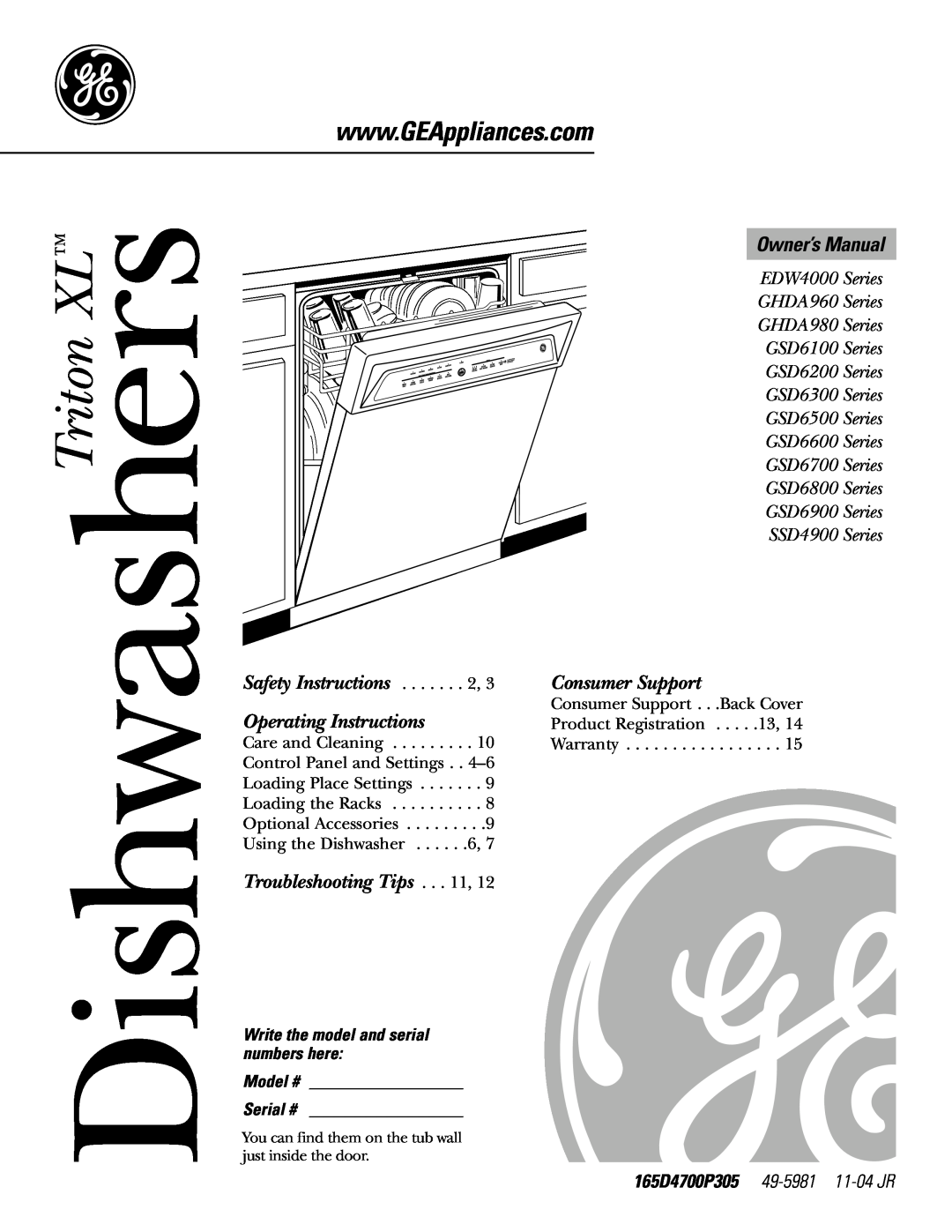 GE manual Triton XL Dishwashers MODEL SERIES, EDW4000 PDW7300 EDW4060 PDW7700 GSD6200 PDW7800, PUB # 31-908509/01 