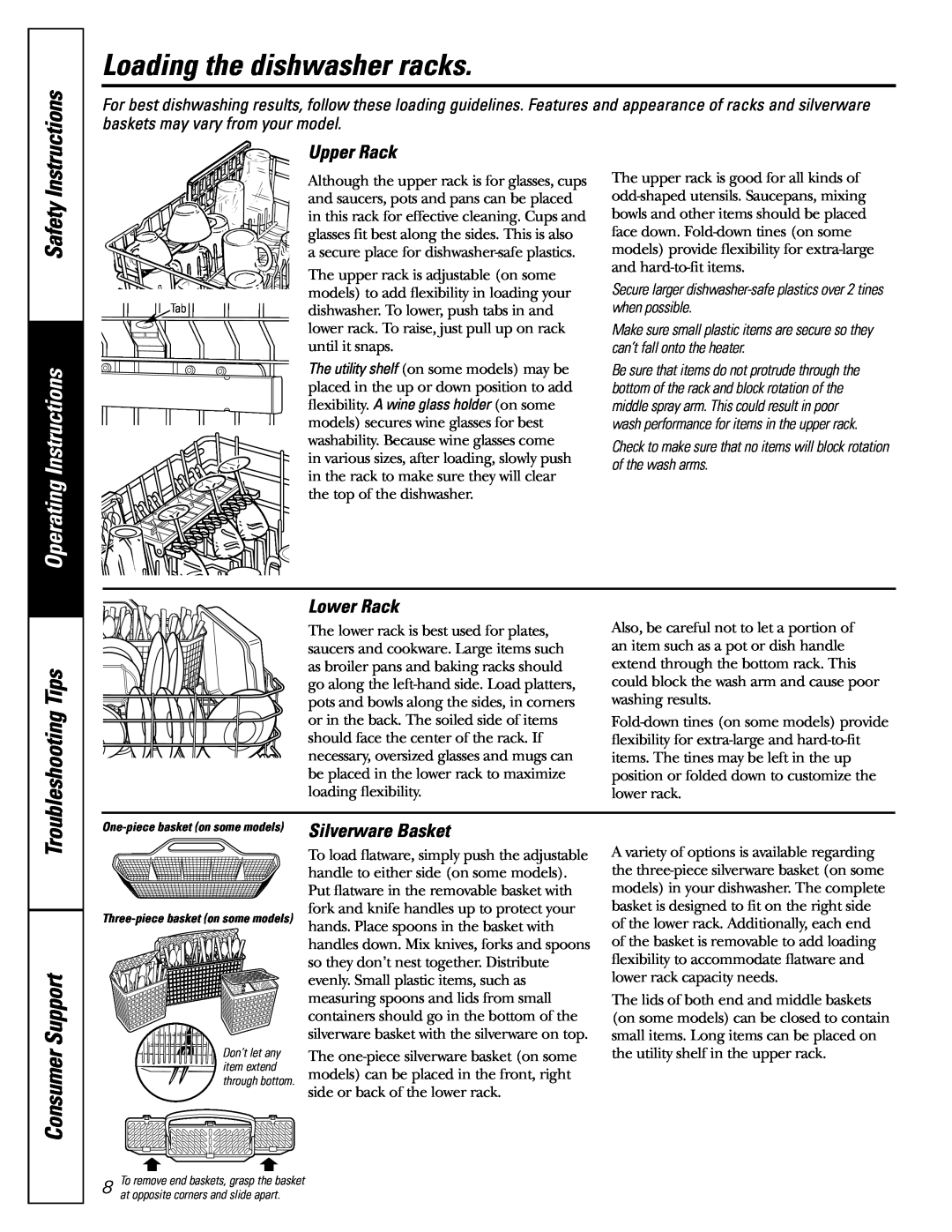 GE GSD6960, GSD6860 Safety, Upper Rack, Lower Rack, Silverware Basket, Operating Instructions, Troubleshooting Tips 