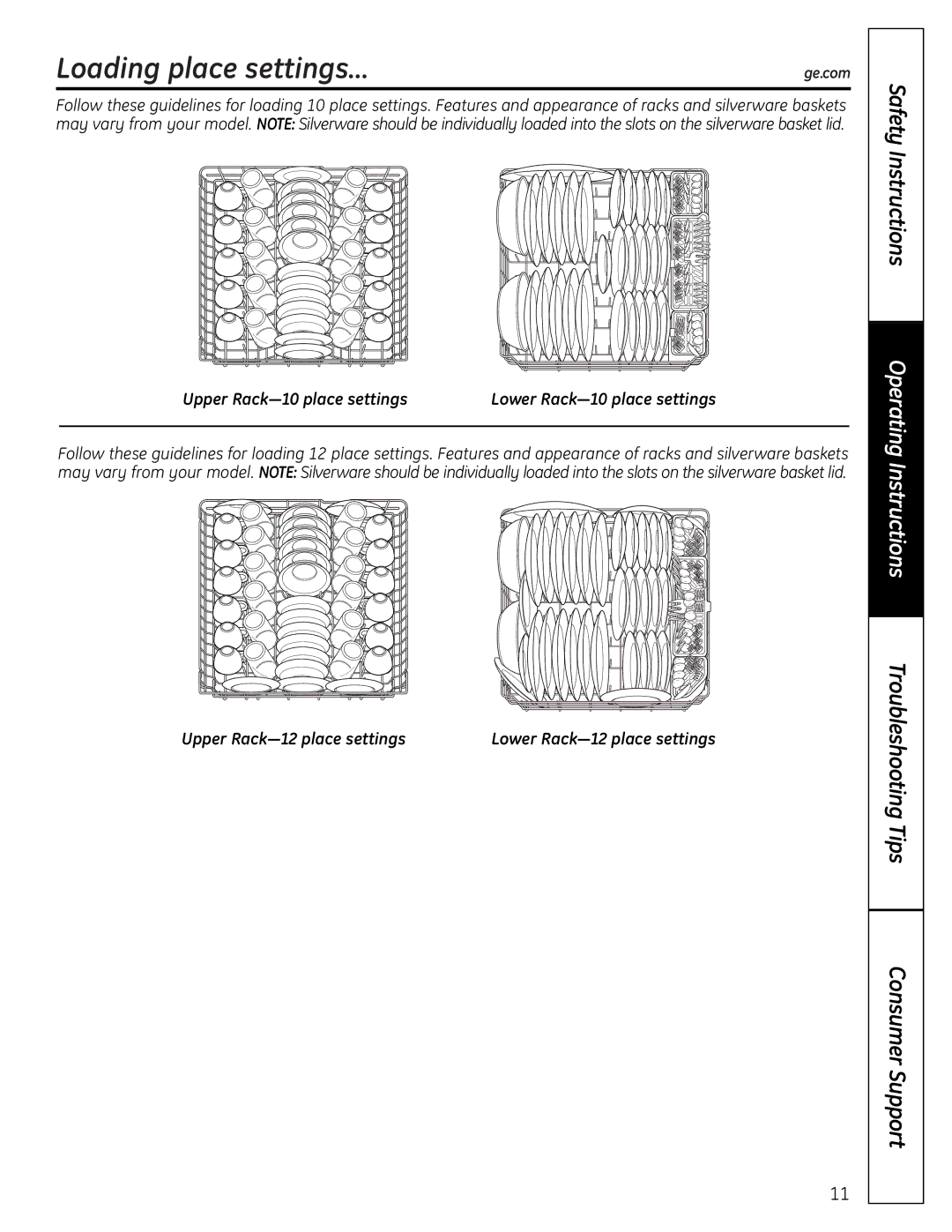 GE GSD6900 owner manual Loading place settings…, Upper Rack-10 place settings Lower Rack-10 place settings 