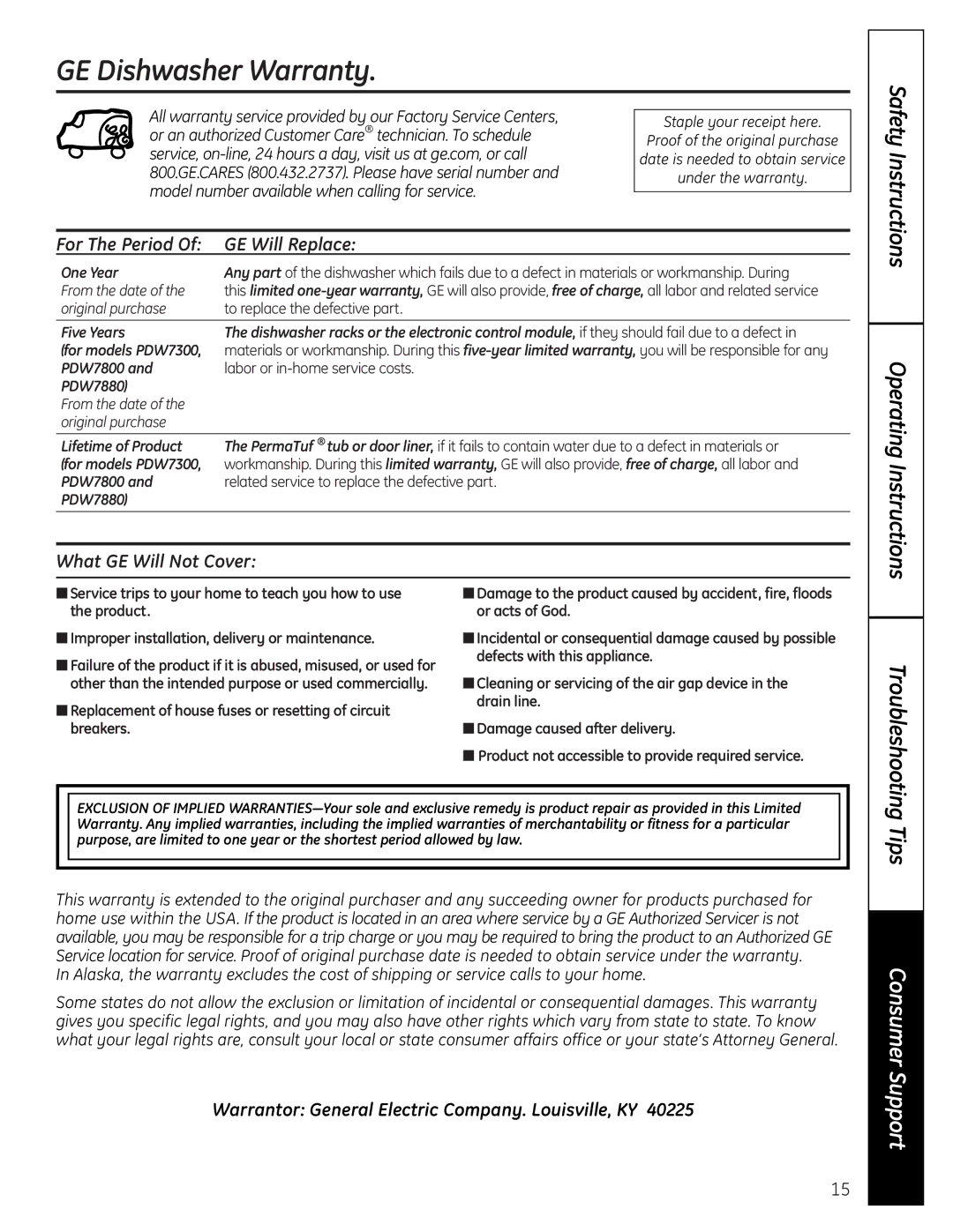 GE GSD6900 owner manual GE Dishwasher Warranty, Tips, For The Period GE Will Replace, What GE Will Not Cover 