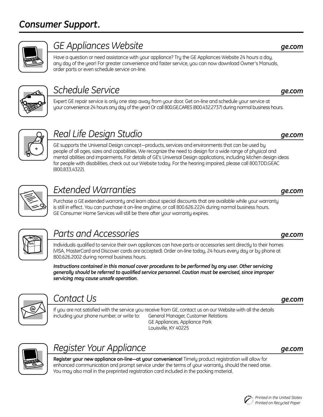 GE GSD6900 Consumer Support GE Appliances Website, Schedule Service, Real Life Design Studio, Extended Warranties 