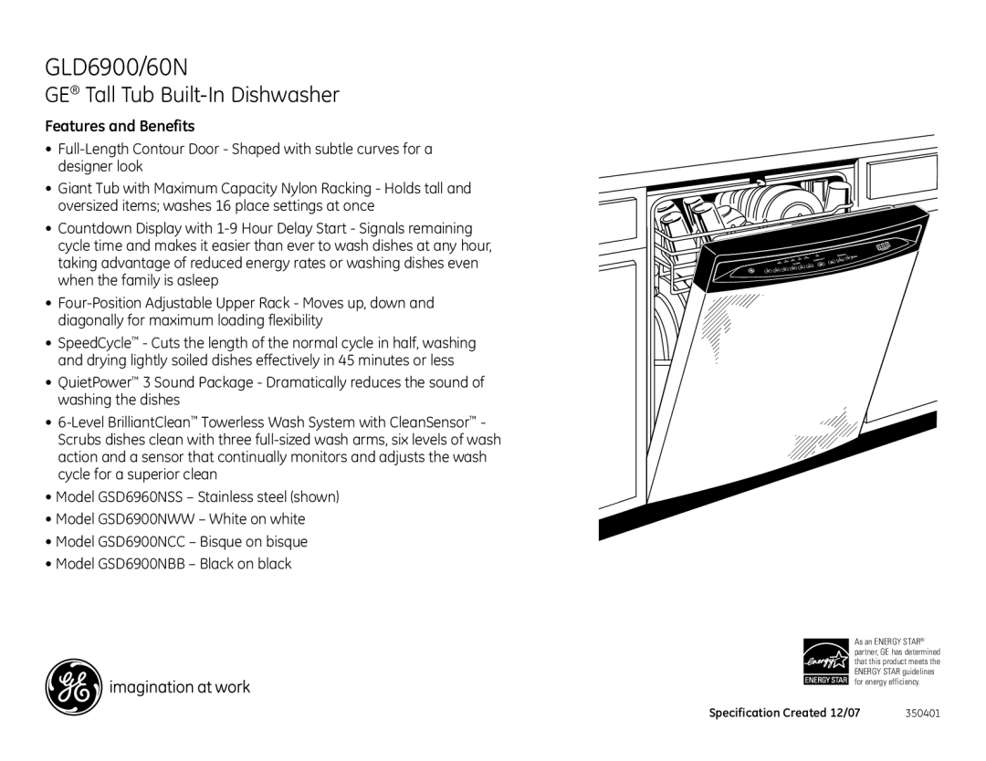 GE GSD6900NWW, GSD6900NCC, GSD6900NBB, GLD6960N dimensions Features and Benefits 