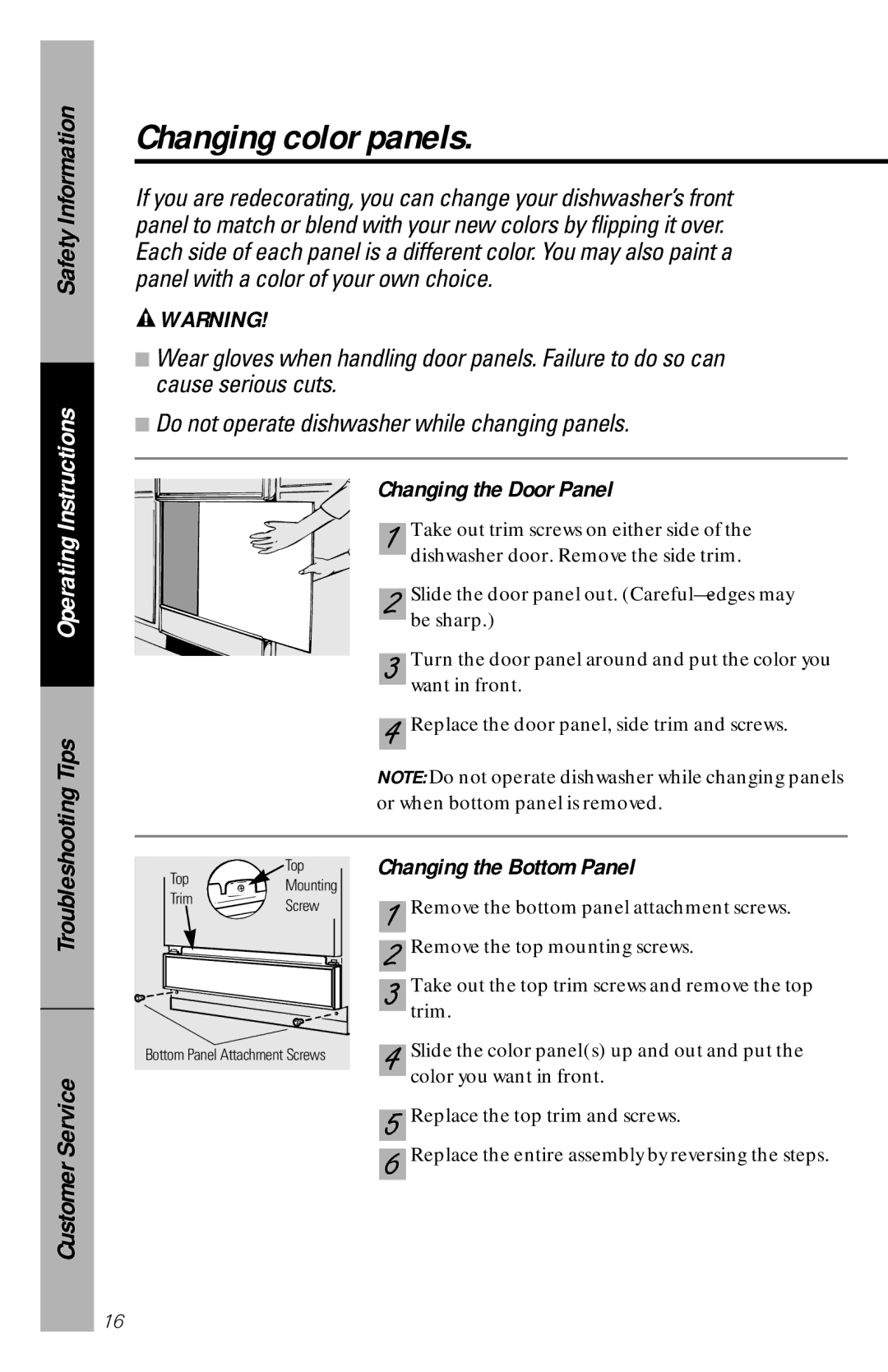 GE 49-5780, GSD725, GSD720, GSD715, GSD680, GSD650 Changing color panels, Changing the Door Panel, Changing the Bottom Panel 