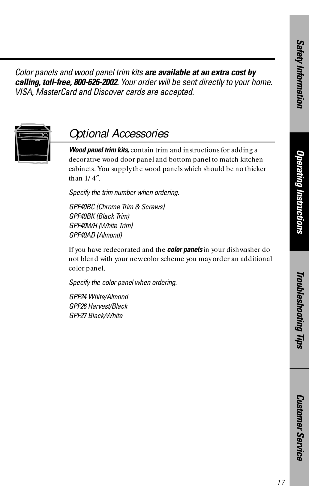 GE 165D4700P126, GSD725, GSD720, GSD715, GSD680, GSD650, GSD530, GSD500, 49-5780 owner manual Optional Accessories 