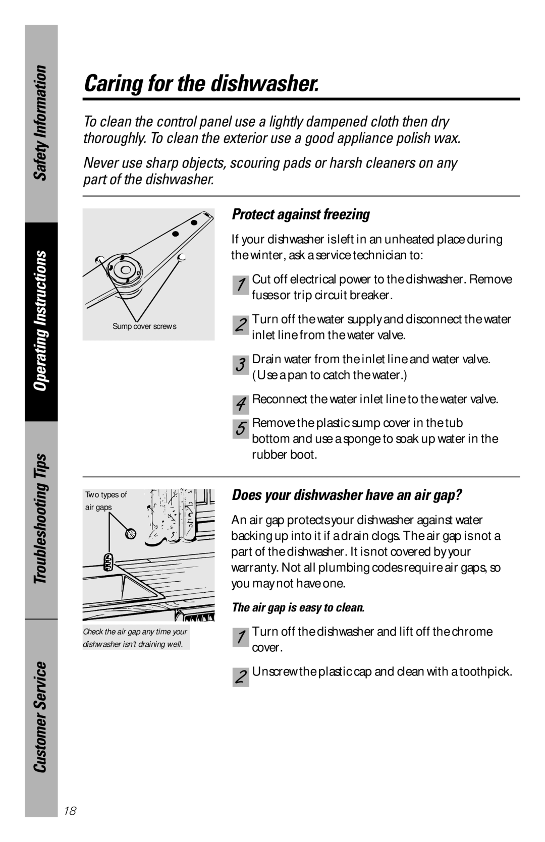 GE GSD725, GSD720, GSD715, GSD680 Caring for the dishwasher, Protect against freezing, Does your dishwasher have an air gap? 