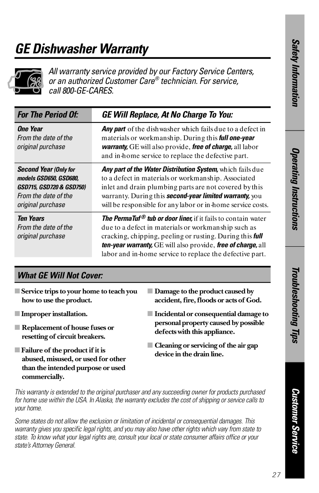 GE GSD725 GE Dishwasher Warranty, GE Will Replace, At No Charge To You, What GE Will Not Cover, One Year, Ten Years 