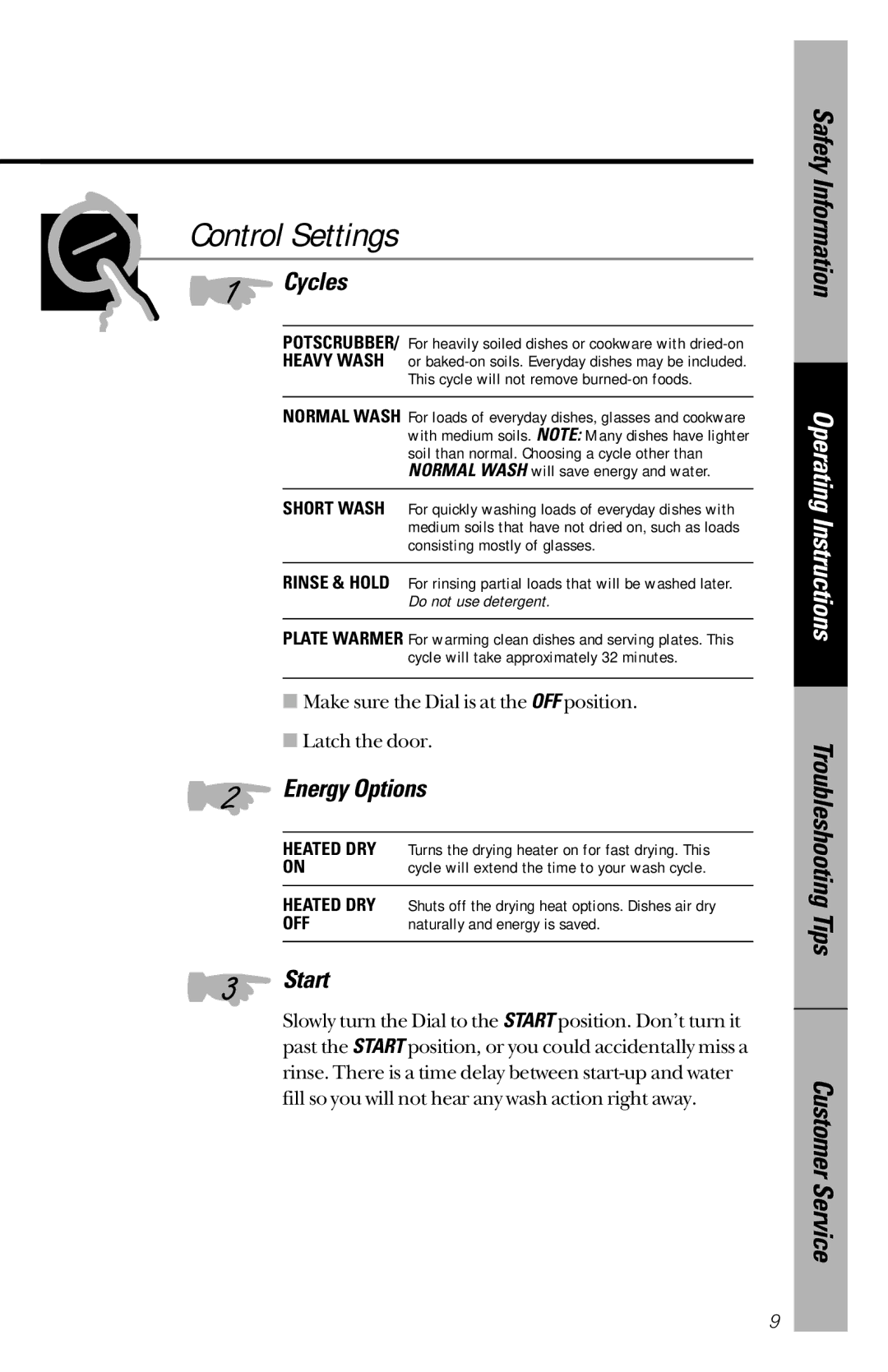 GE GSD725, GSD720, GSD715, GSD680, GSD650, GSD530, GSD500, 49-5780, 165D4700P126 Control Settings, Cycles, Energy Options, Start 