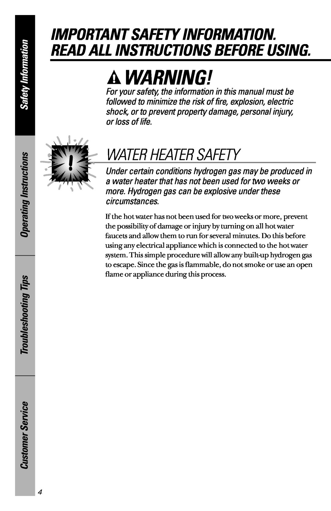 GE GSD650, GSD725, GSD720, GSD715 Water Heater Safety, Important Safety Information. Read All Instructions Before Using 