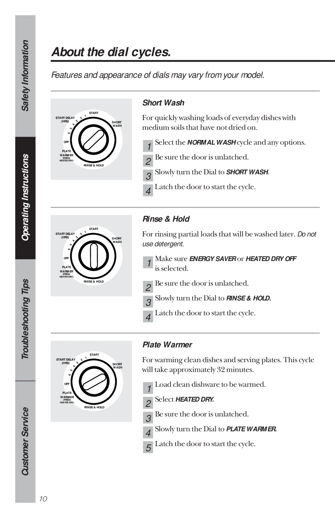 GE GSD800, GSD900, GSD950, GSD980, GSD880 About the dial cycles, Short Wash, Rinse & Hold, Plate Warmer, Select Heated DRY 