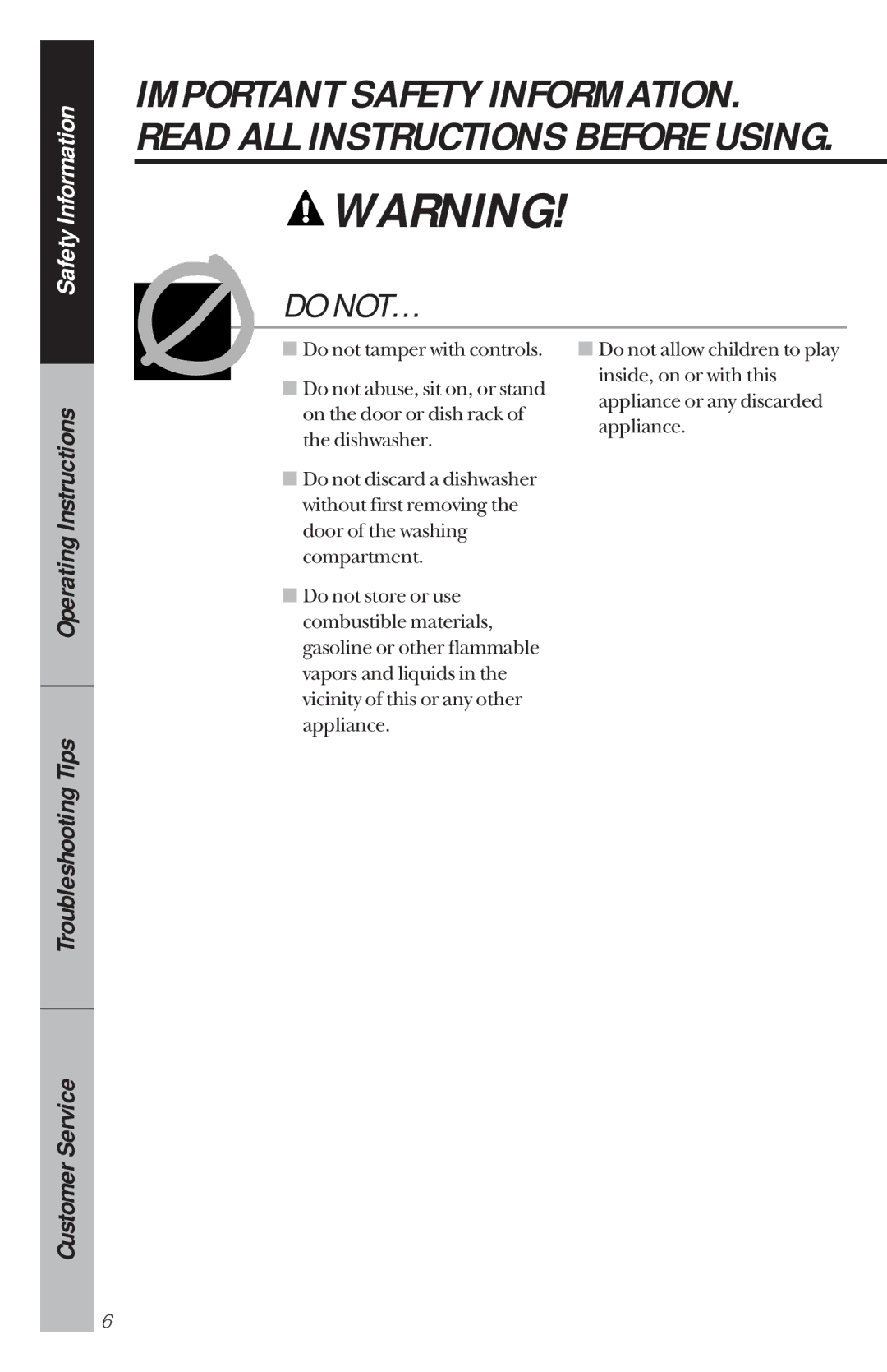 GE GSD930, GSD900, GSD950, GSD800, GSD980, GSD880, GSD850, GSD830 owner manual Do NOT… 